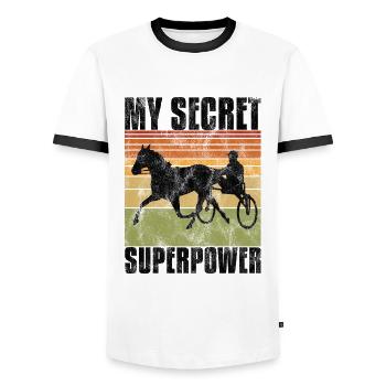 My Secret Superpower Trotting Race Trabreiter Sulky - Men's Ringer Shirt - white/black - Front - AI Model Female 172 light (172cm) & AI Model Male 178 dark (178cm)
