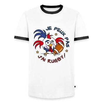 Coq Gaulois, Je Peux Pas,J'ai Rugby - T-shirt contrasté Homme - blanc/noir - Devant - AI Model Female 172 light (172cm) & AI Model Male 178 dark (178cm)