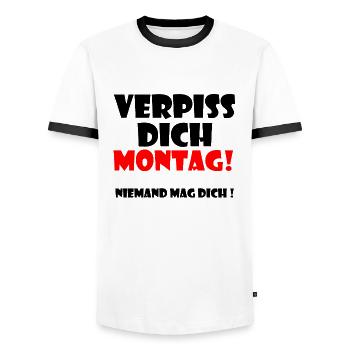 Verpiss dich Montag ! Niemand mag dich ! - Männer Kontrast-T-Shirt - Weiß/Schwarz - Vorne - AI Model Female 172 light (172cm) & AI Model Male 178 dark (178cm)