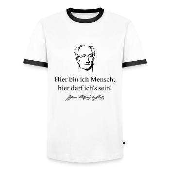 Goethe: Hier bin ich Mensch, hier darf ich's sein - Männer Kontrast-T-Shirt - Weiß/Schwarz - Vorne - AI Model Female 172 light (172cm) & AI Model Male 178 dark (178cm)