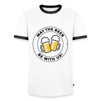 May The Beer Be With Us! (Spruch / 3C / POS) - Männer Kontrast-T-Shirt - Weiß/Schwarz - Vorne - AI Model Female 172 light (172cm) & AI Model Male 178 dark (178cm)