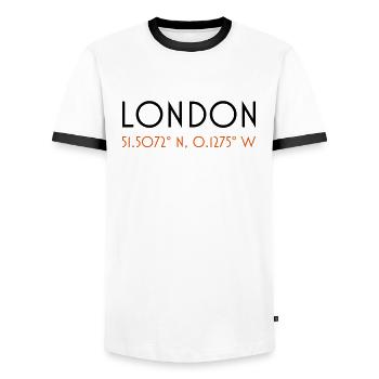 london coordinates - Men's Ringer Shirt - white/black - Front - AI Model Female 172 light (172cm) & AI Model Male 178 dark (178cm)