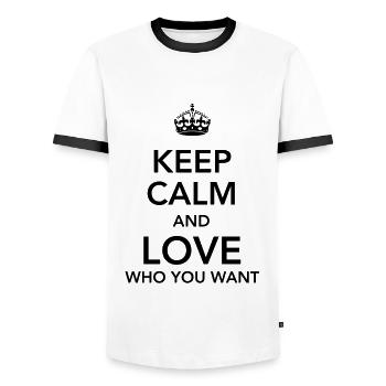 keep calm and love who you want - Men's Ringer Shirt - white/black - Front - AI Model Female 172 light (172cm) & AI Model Male 178 dark (178cm)