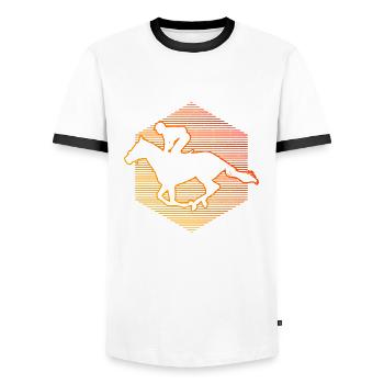 Équitation de saut d’obstacles de course féminine - T-shirt contrasté Homme - blanc/noir - Devant - AI Model Female 172 light (172cm) & AI Model Male 178 dark (178cm)