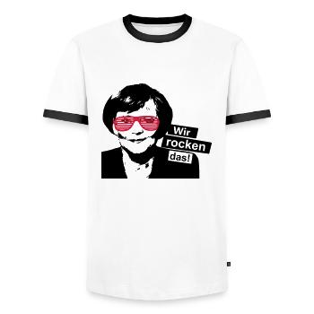 Angela Merkel Wir rocken schaffen das Spruch Party - Männer Kontrast-T-Shirt - Weiß/Schwarz - Vorne - AI Model Female 172 light (172cm) & AI Model Male 178 dark (178cm)