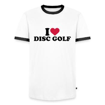 I love Disc Golf - Men's Ringer Shirt - white/black - Front - AI Model Female 172 light (172cm) & AI Model Male 178 dark (178cm)