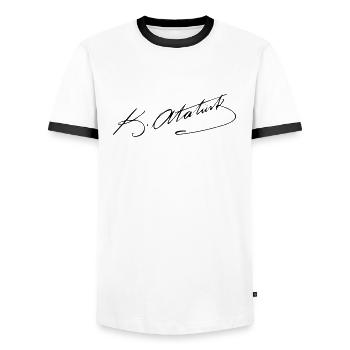 Signature of Mustafa Kemal Atatuerk - Männer Kontrast-T-Shirt - Weiß/Schwarz - Vorne - AI Model Female 172 light (172cm) & AI Model Male 178 dark (178cm)