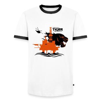 North Sea Tiger Oil Rig Platform Aberdeen - Men's Ringer Shirt - white/black - Front - AI Model Female 172 light (172cm) & AI Model Male 178 dark (178cm)