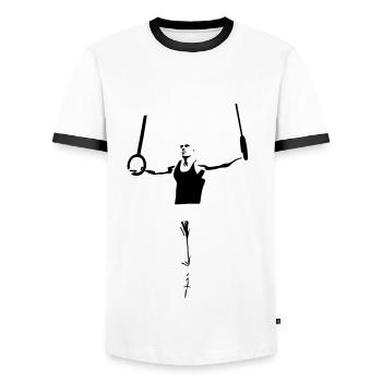 Gymnasts on Rings, Gymnastics - Men's Gymnastics - Men's Ringer Shirt - white/black - Front - AI Model Female 172 light (172cm) & AI Model Male 178 dark (178cm)