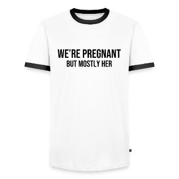 We're Pregnant But Mostly Her - Männer Kontrast-T-Shirt - Weiß/Schwarz - Vorne - AI Model Female 172 light (172cm) & AI Model Male 178 dark (178cm)