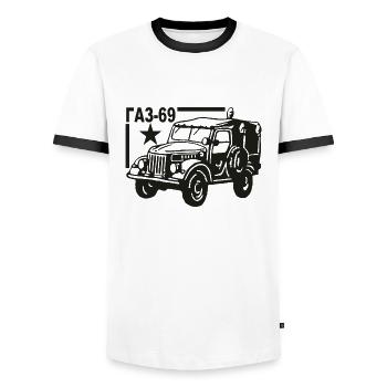 GAZ 69 Russischer Jeep - Männer Kontrast-T-Shirt - Weiß/Schwarz - Vorne - AI Model Female 172 light (172cm) & AI Model Male 178 dark (178cm)