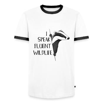 I Speak Fluent Wildlife! Badger Wildlife Fun - Men's Ringer Shirt - white/black - Front - AI Model Female 172 light (172cm) & AI Model Male 178 dark (178cm)