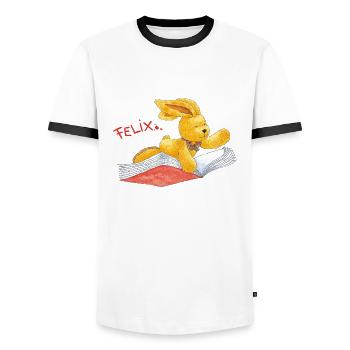 Felix der Hase Auf Einem Fliegenden Buch - Männer Kontrast-T-Shirt - Weiß/Schwarz - Vorne - AI Model Female 172 light (172cm) & AI Model Male 178 dark (178cm)