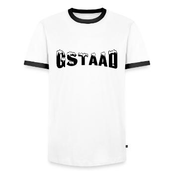 Gstaad ski resort (snow) - Men's Ringer Shirt - white/black - Front - AI Model Female 172 light (172cm) & AI Model Male 178 dark (178cm)