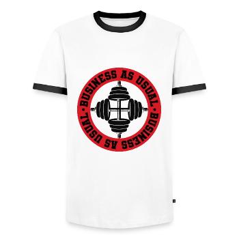Business As Usual - Gym Motivation - Men's Ringer Shirt - white/black - Front - AI Model Female 172 light (172cm) & AI Model Male 178 dark (178cm)