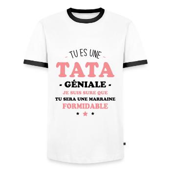 Une tata géniale et une marraine formidable - T-shirt contrasté Homme - blanc/noir - Devant - AI Model Female 172 light (172cm) & AI Model Male 178 dark (178cm)