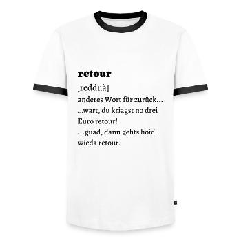 Retour Erklärung - bayrisch - Männer Kontrast-T-Shirt - Weiß/Schwarz - Vorne - AI Model Female 172 light (172cm) & AI Model Male 178 dark (178cm)