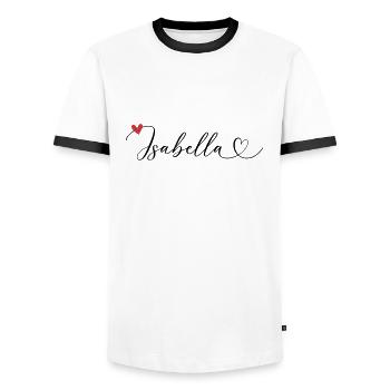 Isabella Last name First name Calligraphy heart - Men's Ringer Shirt - white/black - Front - AI Model Female 172 light (172cm) & AI Model Male 178 dark (178cm)