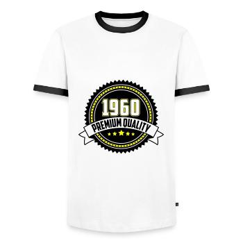 Les couleurs peuvent être modifiées | 1960 Emblème Qualité Supérieure - T-shirt contrasté Homme - blanc/noir - Devant - AI Model Female 172 light (172cm) & AI Model Male 178 dark (178cm)