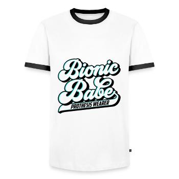 Bionic Babe | Prothese | Farben änderbar - Männer Kontrast-T-Shirt - Weiß/Schwarz - Vorne - AI Model Female 172 light (172cm) & AI Model Male 178 dark (178cm)