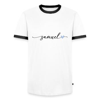 Samuel Name Calligraphy Font - Men's Ringer Shirt - white/black - Front - AI Model Female 172 light (172cm) & AI Model Male 178 dark (178cm)