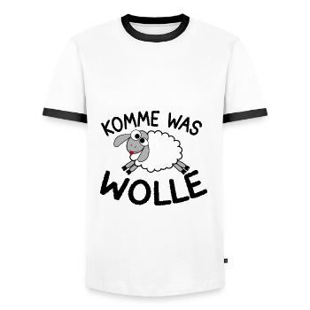 KOMME WAS WOLLE SCHAF SCHÄFER STRICKEN - Männer Kontrast-T-Shirt - Weiß/Schwarz - Vorne - AI Model Female 172 light (172cm) & AI Model Male 178 dark (178cm)