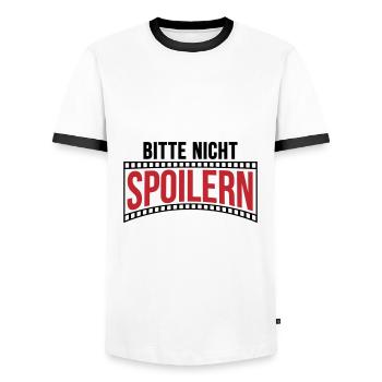 Farben änderbar | Bitte nicht Spoilern - Männer Kontrast-T-Shirt - Weiß/Schwarz - Vorne - AI Model Female 172 light (172cm) & AI Model Male 178 dark (178cm)