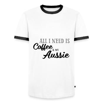 Tout ce que je fais, c’est le café et mon aussie - T-shirt contrasté Homme - blanc/noir - Devant - AI Model Female 172 light (172cm) & AI Model Male 178 dark (178cm)