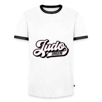 Farben änderbar | Judo Schriftzug - Männer Kontrast-T-Shirt - Weiß/Schwarz - Vorne - AI Model Female 172 light (172cm) & AI Model Male 178 dark (178cm)