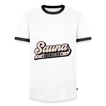 Farben änderbar | Sauna Obensitzer Saunameister - Männer Kontrast-T-Shirt - Weiß/Schwarz - Vorne - AI Model Female 172 light (172cm) & AI Model Male 178 dark (178cm)