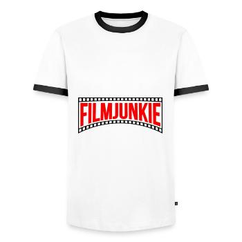 Farben änderbar | Film Junkie - Männer Kontrast-T-Shirt - Weiß/Schwarz - Vorne - AI Model Female 172 light (172cm) & AI Model Male 178 dark (178cm)