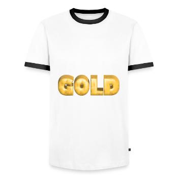 GOLD gold Gold Text Font Bars - Men's Ringer Shirt - white/black - Front - AI Model Female 172 light (172cm) & AI Model Male 178 dark (178cm)