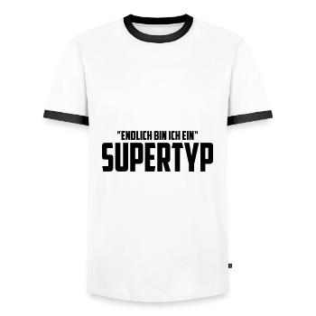 Endlich bin ich ein Supertyp | Farbe änderbar - Männer Kontrast-T-Shirt - Weiß/Schwarz - Vorne - AI Model Female 172 light (172cm) & AI Model Male 178 dark (178cm)