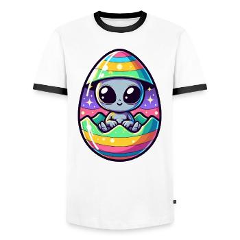 Conception d’éclosion d’oeuf de Pâques extraterrestre : surprise colorée - T-shirt contrasté Homme - blanc/noir - Devant - AI Model Female 172 light (172cm) & AI Model Male 178 dark (178cm)