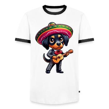 Dobermann als Mariachi Gitarrist Cinco de Mayo - Männer Kontrast-T-Shirt - Weiß/Schwarz - Vorne - AI Model Female 172 light (172cm) & AI Model Male 178 dark (178cm)