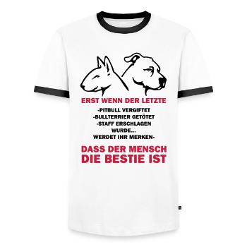 351 Der Mensch ist die Bestie - Männer Kontrast-T-Shirt - Weiß/Schwarz - Vorne - AI Model Female 172 light (172cm) & AI Model Male 178 dark (178cm)