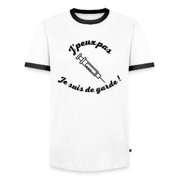 J peux pas je suis de garde infirmièr(e) ! - T-shirt contrasté Homme - blanc/noir - Devant - AI Model Female 172 light (172cm) & AI Model Male 178 dark (178cm)