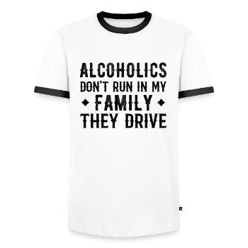 Alcoholics Don't Run In My Family They Drive Funny - Men's Ringer Shirt - white/black - Front - AI Model Female 172 light (172cm) & AI Model Male 178 dark (178cm)
