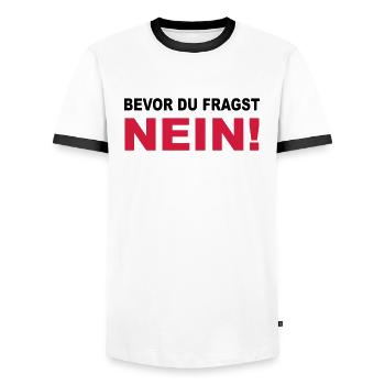 Bevor du fragst: NEIN! - Männer Kontrast-T-Shirt - Weiß/Schwarz - Vorne - AI Model Female 172 light (172cm) & AI Model Male 178 dark (178cm)