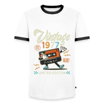1977 Jubiläums-Retro-Musikhemd von 1977 - Männer Kontrast-T-Shirt - Weiß/Schwarz - Vorne - AI Model Female 172 light (172cm) & AI Model Male 178 dark (178cm)
