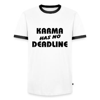 Karma has no Deadline - Männer Kontrast-T-Shirt - Weiß/Schwarz - Vorne - AI Model Female 172 light (172cm) & AI Model Male 178 dark (178cm)