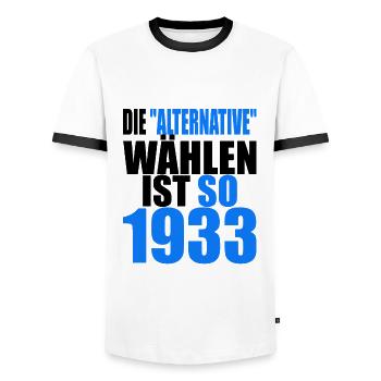 AfD stoppen gegen rechts Demokratie Vielfalt 1933 - Männer Kontrast-T-Shirt - Weiß/Schwarz - Vorne - AI Model Female 172 light (172cm) & AI Model Male 178 dark (178cm)