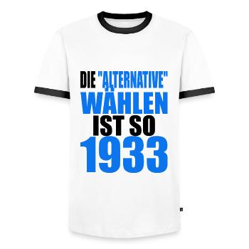 AfD stoppen gegen rechts Demokratie Vielfalt 1933 - Männer Kontrast-T-Shirt - Weiß/Schwarz - Vorne - AI Model Female 172 light (172cm) & AI Model Male 178 dark (178cm)