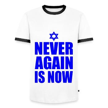 Never again is now - Men's Ringer Shirt - white/black - Front - AI Model Female 172 light (172cm) & AI Model Male 178 dark (178cm)