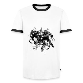 Cool fan motif ice hockey players in formation - Men's Ringer Shirt - white/black - Front - AI Model Female 172 light (172cm) & AI Model Male 178 dark (178cm)
