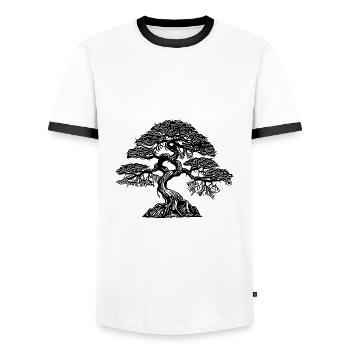 Beautiful bonsai tree in the field on the horizon - Men's Ringer Shirt - white/black - Front - AI Model Female 172 light (172cm) & AI Model Male 178 dark (178cm)