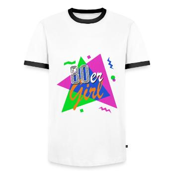 80er Girl - 80er Jahre - bunt + verrückt - retro - Männer Kontrast-T-Shirt - Weiß/Schwarz - Vorne - AI Model Female 172 light (172cm) & AI Model Male 178 dark (178cm)