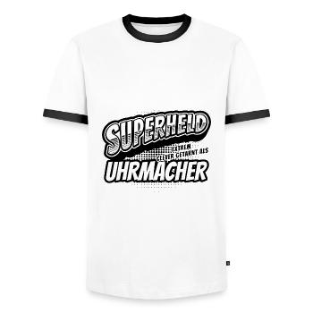 Superheld, clever getarnt als Uhrmacher - Männer Kontrast-T-Shirt - Weiß/Schwarz - Vorne - AI Model Female 172 light (172cm) & AI Model Male 178 dark (178cm)