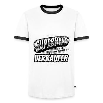 Superheld, clever getarnt als Verkäufer - Männer Kontrast-T-Shirt - Weiß/Schwarz - Vorne - AI Model Female 172 light (172cm) & AI Model Male 178 dark (178cm)