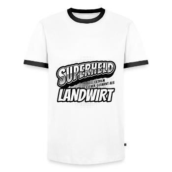 Superheld, clever getarnt als Landwirt - Männer Kontrast-T-Shirt - Weiß/Schwarz - Vorne - AI Model Female 172 light (172cm) & AI Model Male 178 dark (178cm)